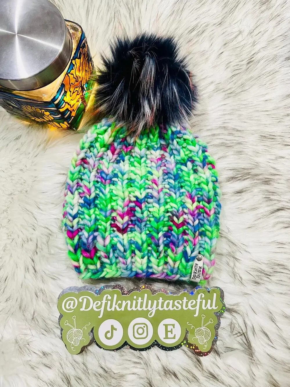 Hand Knit Merino Wool Beanie: DefiKnitly Tasteful Knit Hat with Faux Fur Pom